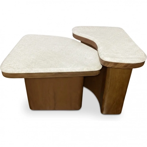Abi Nesting Coffee Table in Beige Cosmos Marble & Walnut Finish