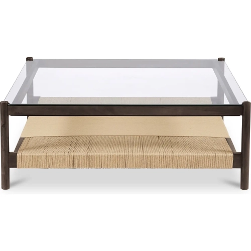 Walker Coffee Table in Brown Wood Paper Cord & Tempered Glass