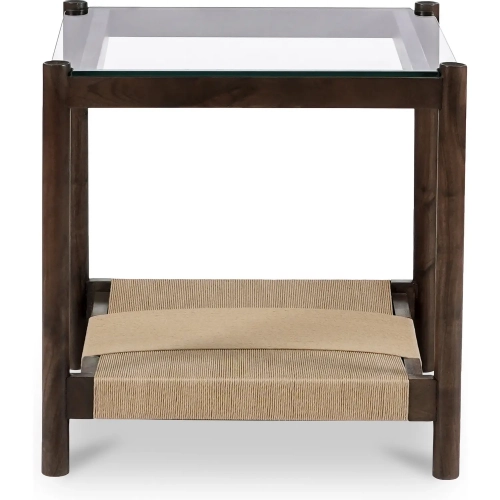 Walker Side Table in Brown Wood Paper Cord & Tempered Glass