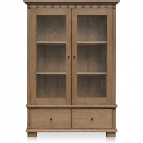Lillian Tall Cabinet in Brown Wood, Tempered Glass & Fabric