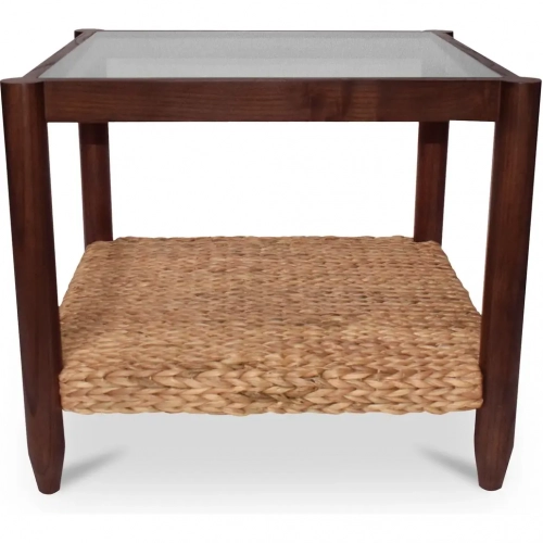 Beth Side Table Tempered Glass Wood & Water Hyacinth