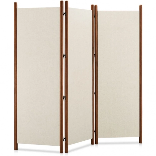 Enni Room Screen in Off White Fabric & Walnut Finish Wood