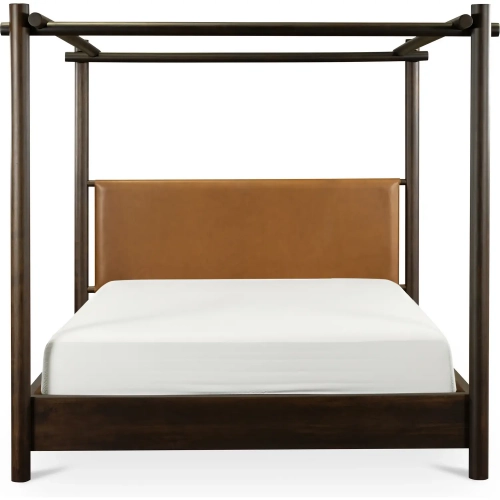 Devin Canopy Bed in Queen Brown Leather & Wood