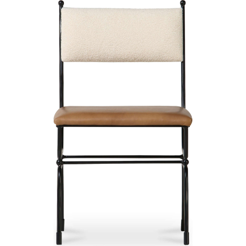 Posta Dining Chair in Brown Leather, Cream Fabric & Hammered Metal