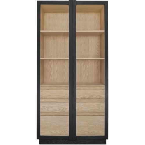 Charlotte Tall Cabinet in Black, Natural Wood & Tempered Glass