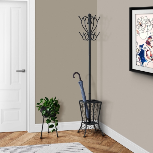 Coat Rack 71" H in Black Metal with Umbrella Holder
