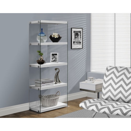 White 4 Shelf with Tempered Glass Sides 60" H Bookcase