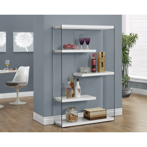 White Floating Shelves with Tempered Glass Side 60" H Bookcase