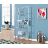 72" Bookcase in Silver Metal with 9 Asymmetrical Tempered Glass Shelves