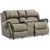 Marlowe Manual Recline Console Loveseat in Tan Vegan Leather