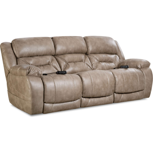 Greer Power Double Reclining Sofa in Mushroom Tan Leather Look Fabric