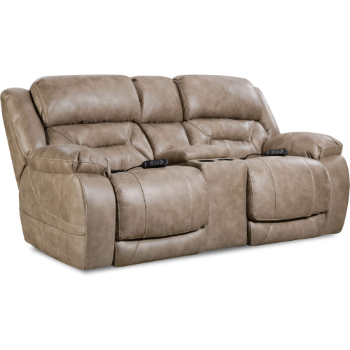 Greer Power Reclining Console Loveseat in Mushroom Tan Leather Look Fabric