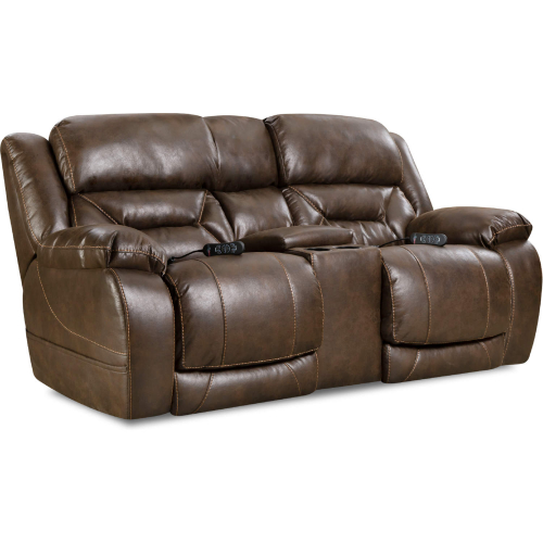 Greer Power Reclining Console Loveseat in Walnut Brown Leather Look Fabric