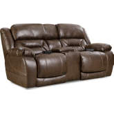 Greer Power Reclining Console Loveseat in Walnut Brown Leather Look Fabric