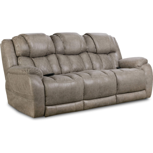 Ezra Power Double Reclining Sofa in Mushroom Tan Leather Look Fabric