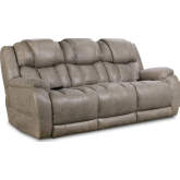 Ezra Power Double Reclining Sofa in Mushroom Tan Leather Look Fabric
