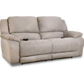 Harley Power Double Reclining Power Sofa in Nickel Tan Leather Look Fabric
