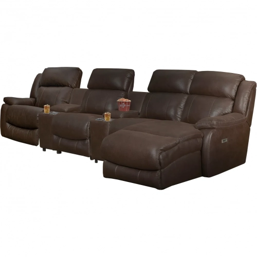 Sawyer Home Theater Recline Sectional Sofa with Right Chaise in Brown Vegan Leather
