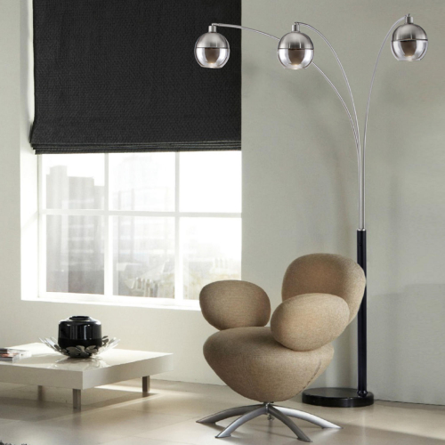 Orson 3 Light Arc Floor Lamp in Brushed Nickel & Black Marble