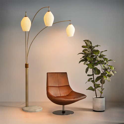 Santa Clara 3 Light Arc Floor Lamp in Weathered Brass, Walnut, Marble & Bone Porcelain