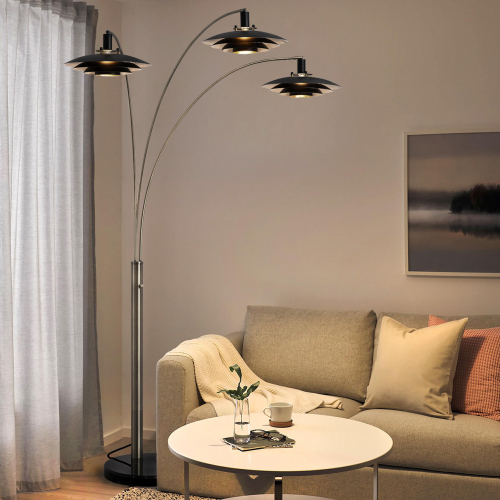 Rancho Mirage 3 Light Arc Floor Lamp in Antique Nickel, Black, Black Marble & Silver Leaf