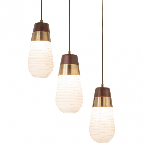 Sunset 3 Light Ceiling Pendant Light in Walnut, Brass & Sumi Paper
