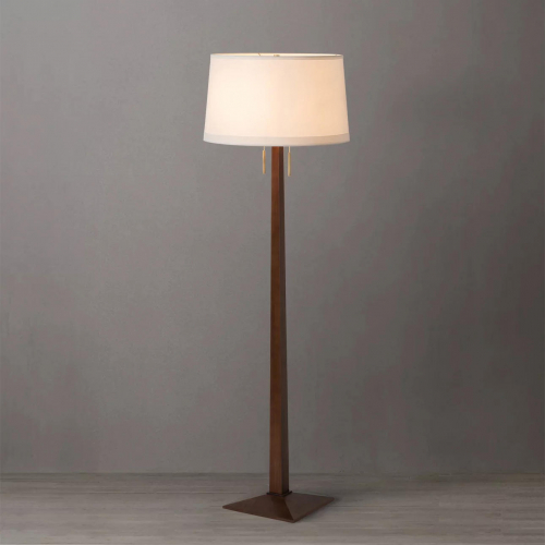 Taper Floor Lamp in Dark Walnut Finish, Weathered Brass & White Linen