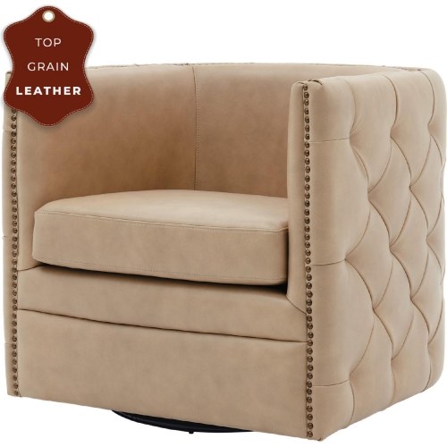 Leslie Swivel Accent Chair in Tufted Beige Top Grain Leather