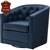 Walsh Swivel Accent Chair in Tufted Blue Top Grain Leather