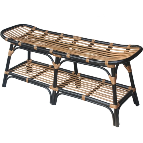 Damara Rattan Bench with Shelf in Natural & Black