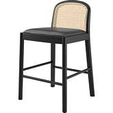Donna Counter Stool in Black Wood, Rattan & Black Leatherette (Set of 2)