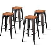 Metropolis Backless Bar Stool with Wood Seat in Gunmetal Powder Coated Steel (Set of 4)
