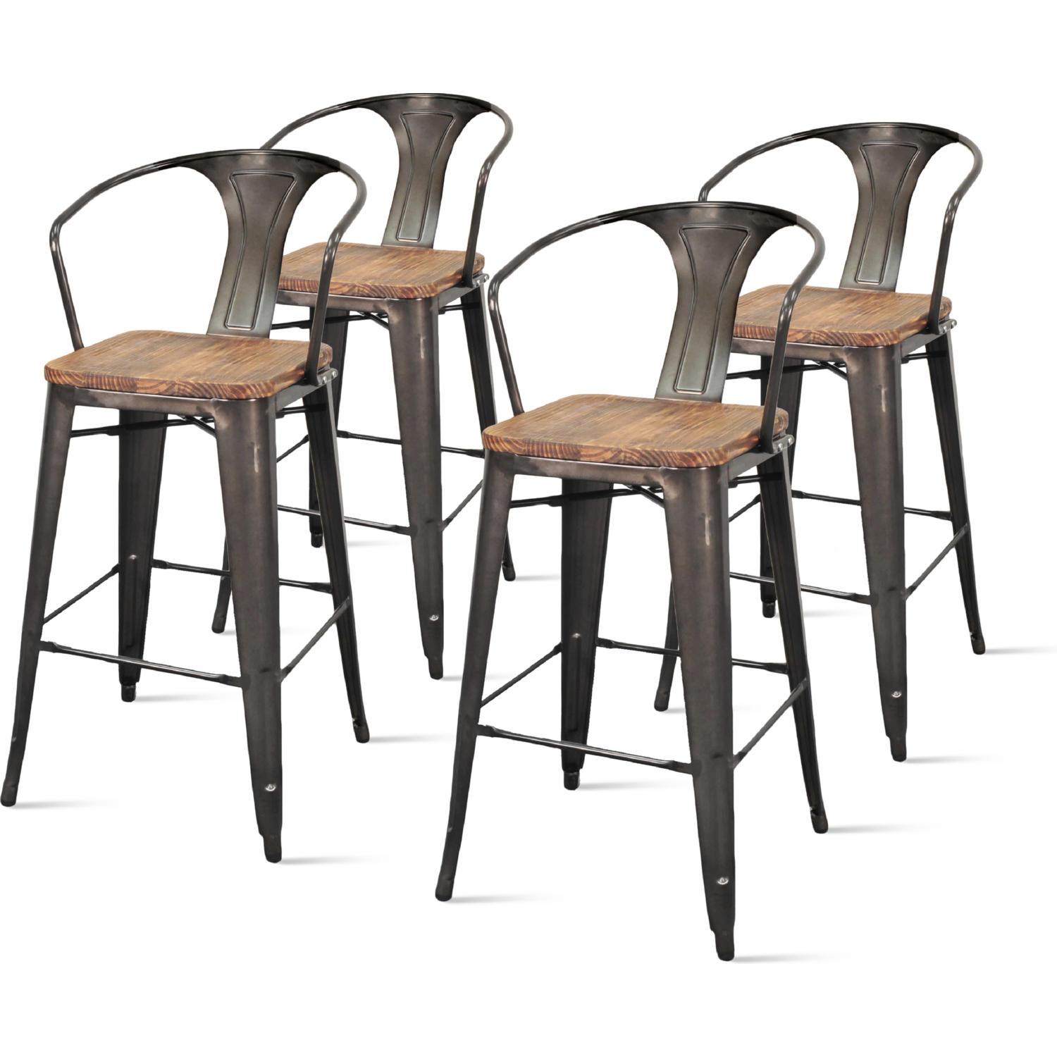 NPD 938544GM Metropolis Metal Bar Stool Wood Seat in Gunmetal Powder Coated Steel (Set of 4)