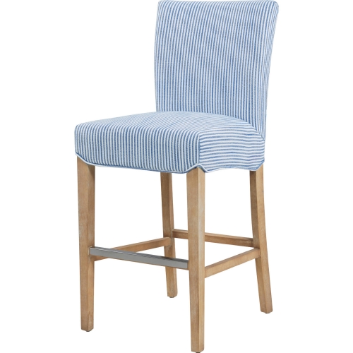 Milton Counter Stool in Blue Stripes Fabric with Natural Wood Legs