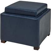 Cameron Square Storage Ottoman w/ Tray in Vintage Blue Bonded Leather on Black Legs