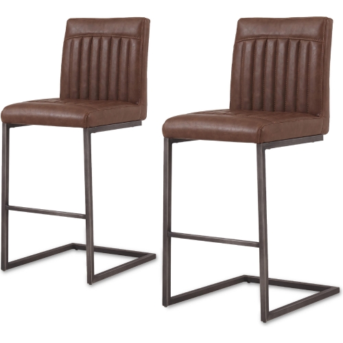 Ronan Counter Stool in Channel Tufted Antique Brown Leatherette (Set of 2)