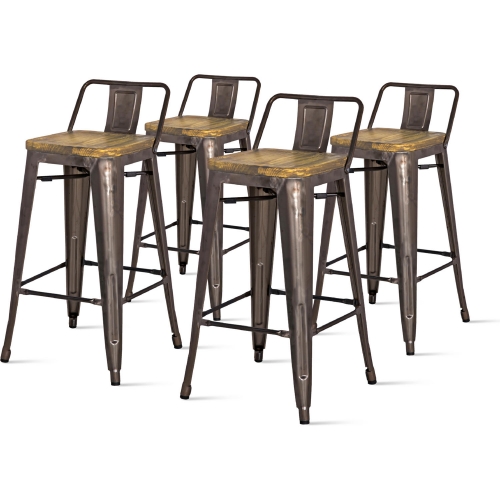 Metropolis Low Back Counter Stool Wood Seat in Gunmetal Powder Coated Steel (Set of 4)