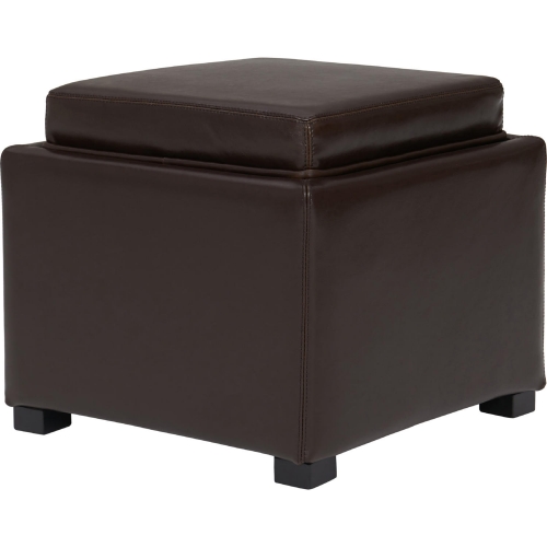 Cameron Square Storage Ottoman with Tray in Brown Bonded Leather on Black Legs