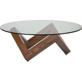 Como 41" Coffee Table w/ Round Clear Glass Top on Geometric Walnut Base