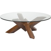 Como 41" Coffee Table w/ Round Clear Glass Top on Geometric Stained Walnut Base