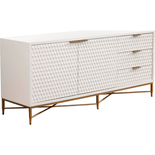 White Pearl 64" TV Stand Console in Textured White Finish & Gold