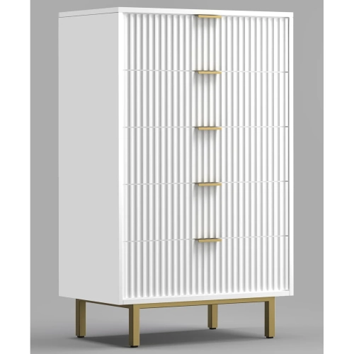 Casey 5 Drawer Chest in White Wood & Gold Metal