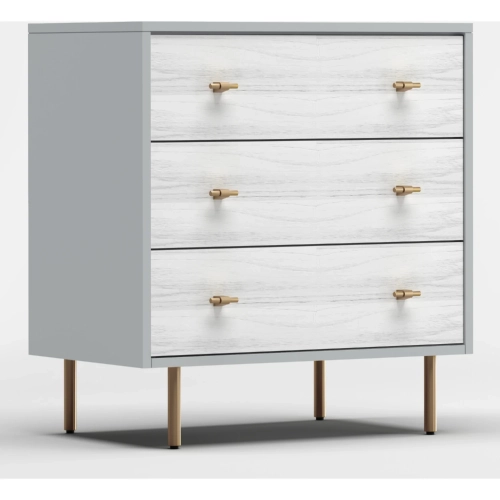 Saige 3 Drawer Small Chest in Gray, Weathered White & Gold