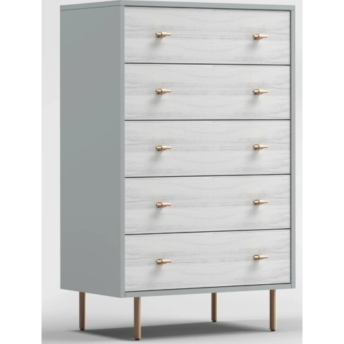 Saige 5 Drawer Chest in Gray, Weathered White & Gold