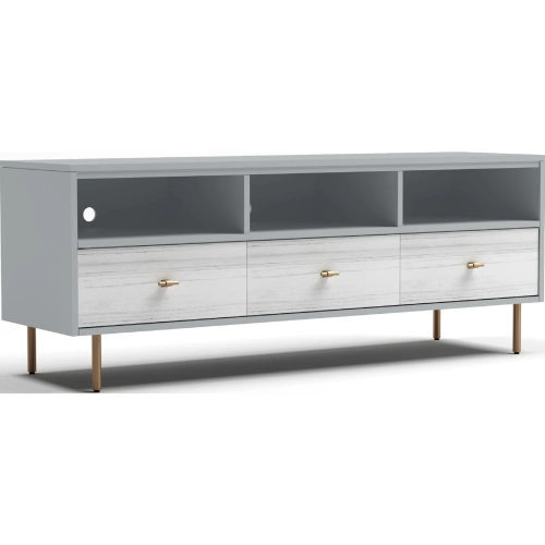 Saige 64" TV Stand Console in Gray, Weathered White & Gold