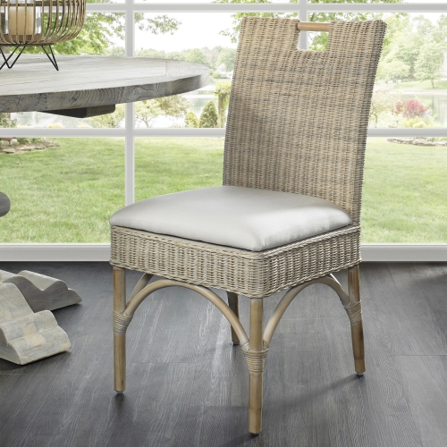 Malio Dining Chair in Whitewash Rattan & Off White Fabric (Set of 2)