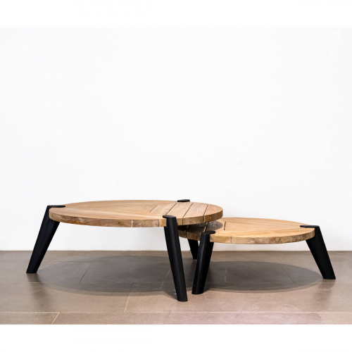 Triangolo Outdoor Nesting Coffee Table Set in Natural & Black Recycled Teak