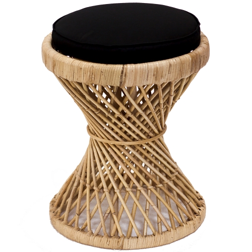 Vintage Rattan Stool with Twill Fabric