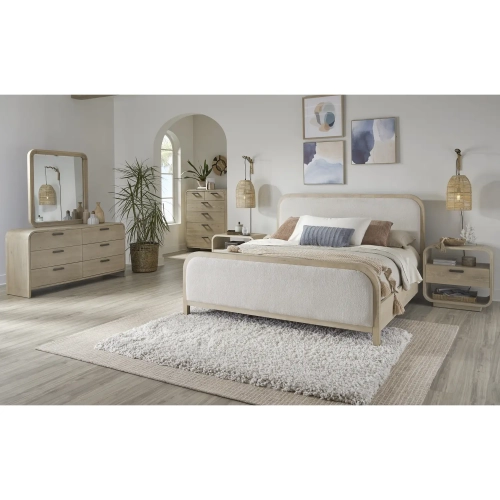 Melia Queen 6 Piece Bedroom Set in Brushed Sand Wood & Neutral Fabric
