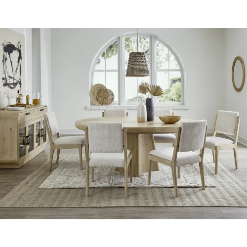 Melia 7 Piece Dining Set in Brushed Sand Wood & Neutral Fabric